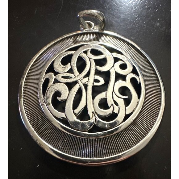 Vintage Ornate Filigree Medallion Pendant Scroll Monogram Design Silver Tone - Picture 2 of 5